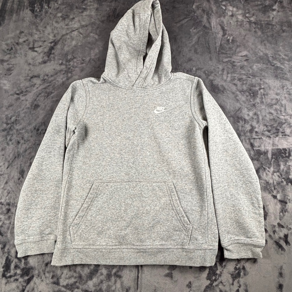 Nike Hoodie Youth XL Gray Fleece Pullover Embroidered Swoosh Logo Sweatshirt